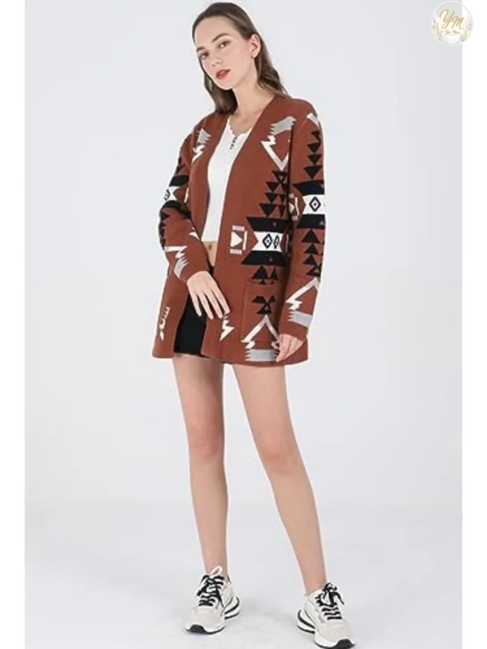 Women's Aztec Print Knit Cardigan Sweater Open Front Long Sleeve Lightweight